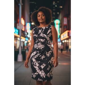 Karl Lagerfeld Paris Size 16 Black Floral Sleeveless Sheath Dress Stretch Midi